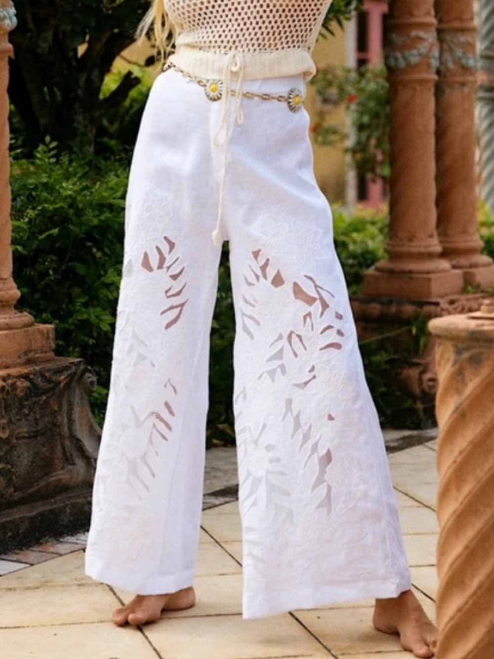 Chasing Unicorns ☁️ White Linen Cutwork Embroidery Wide Leg Trousers sz XS/Small